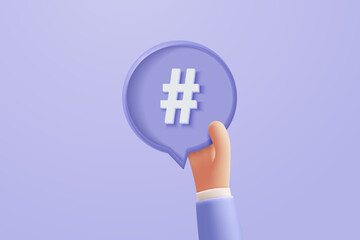 3D hashtag search link symbol on social media notification icon isolated on purple background. Comments thread mention or user reply sign with social media. 3d hashtag on vector render illustration - obrazy, fototapety, plakaty