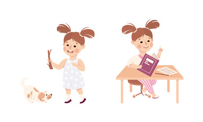 Naklejka premium Cute little girl daily routine. Kid walking dog and reading story book cartoon vector illustration