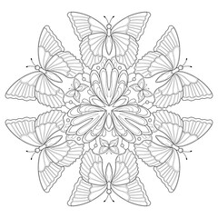 Butterflies with simple patterns and decorative floral elements on a white isolated backrgound. For coloring book pages.