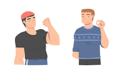 Cheerful people communicating with hand gestures set. Smiling men showing ok sign and fist cartoon vector illustration
