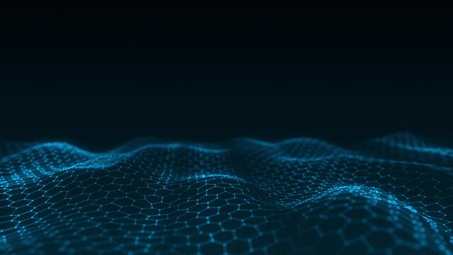 Futuristic hexagon wave. Dark cyberspace. Abstract wave with dots and line. White moving particles on a blue background. 3d rendering.