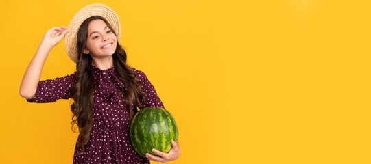 fructose healthy eating on summer vacation. teen girl having fun. Summer girl portrait with watermelon, horizontal poster. Banner header with copy space.
