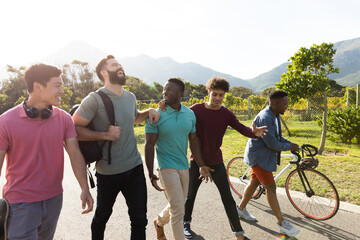Obraz premium Cheerful multiracial male friends with bicycle walking road by landscape against clear sky in summer
