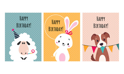 Obraz na płótnie Canvas Happy birthday cards with funny animals set. Adorable sheep, bunny and puppy on celebration greeting or invitation card vector illustration