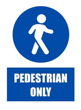 Pedestrian traffic only. Round blue mandatory sign with symbol and text on white background