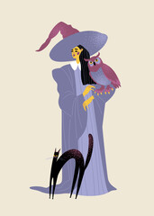 Witch with a black cat and an owl. Vector character in flat style