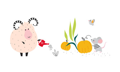 Cute animals working on farm set. Adorable sheep watering seedlings, mouse harvesting pumpkin cartoon vector illustration