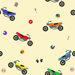 motocircle seamless pattern for gift wrap, printing on fabric, decoration, scrapbooking, banner, greeting card, sale, promotion, party poster. cute kids auto, car cartoon style. vector 10 eps