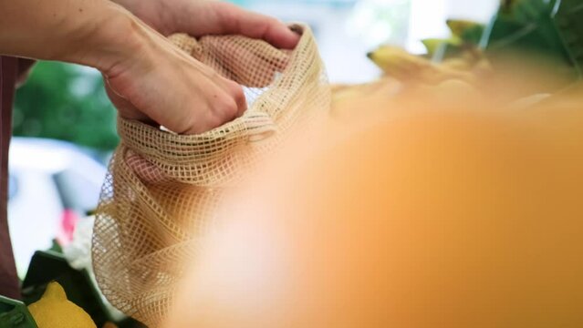 Woman at farmer's market picking lemons into reusable eco bag, sustainable shopping, selective focus reveal shot.
