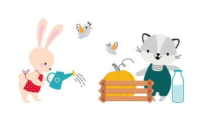 Cute animals working on farm set. Adorable bunny and raccoon watering seedlings and harvesting vegetables cartoon vector illustration