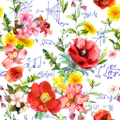 Flowers and math notes. Floral seamless pattern for school design. Watercolor education concept