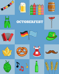 Oktoberfest beer festival set. Beer mug, sausage, Tyrolean hat, pretzel, traditional clothes, accordion, flags, barrel, hops. Illustration or poster for a holiday.