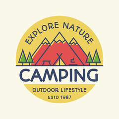 Vector camping banner colorful style with mountains, tent, fire and trees for travel badge, tourist symbol, explore emblem, expedition label, hiking sticker, climbing, poster, kids camp, logo. 10 eps