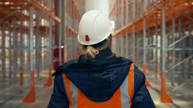 Blonde female engineer walks on aisle looking at empty racks due to shortage of goods. Woman in warehouse backside close view slow motion
