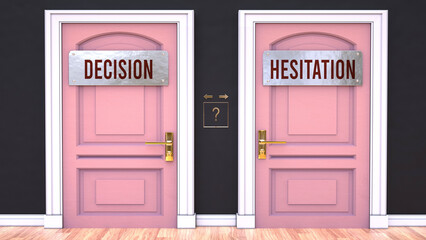 Fototapeta na wymiar Decision or Hesitation - making decision by choosing either one option. Two alaternatives shown as doors leading to different outcomes.,3d illustration