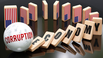 USA and corruption, economy and domino effect - chain reaction in USA economy set off by corruption causing an inevitable crash and collapse - falling economy blocks and USA flag,3d illustration - obrazy, fototapety, plakaty