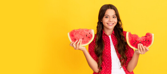 cheerful child hold fresh ripe water melon slice fruit. Summer girl portrait with watermelon,...