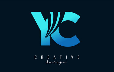 Creative blue letters YC y c logo with leading lines and road concept design. Letters with geometric design.