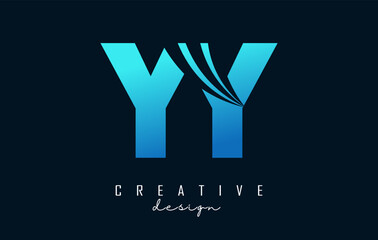 Creative blue letters YY y logo with leading lines and road concept design. Letters with geometric design.