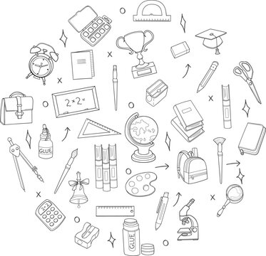Hand drawn school supplies icons. Vector illustration, doodle style.