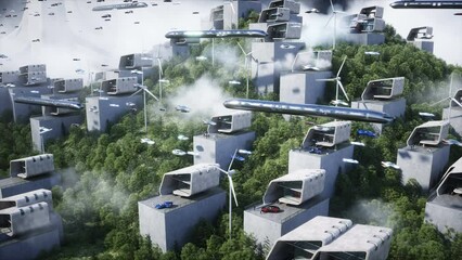 Futuristic city. flying car traffic. Robots and people in megapolice. Future concept. Dynamic trees. Realistic 4k animation.