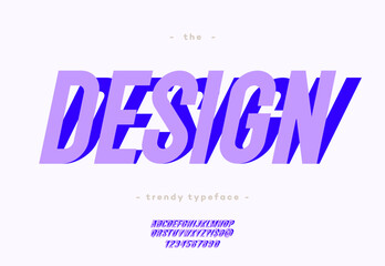 Vector design font 3d slanted style modern typography for decoration, logo, poster, t shirt, book, card, sale banner, printing on fabric, industrial. Cool typeface. Trendy alphabet. 10 eps