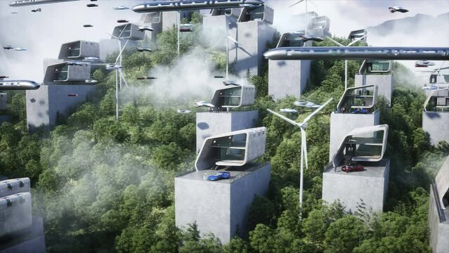 Futuristic city. flying car traffic. Robots and people in megapolice. Future concept. Dynamic trees. Realistic 4k animation.