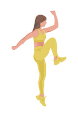 Fototapeta na wymiar girl in a yellow tracksuit jumping in a faceless style on a white background