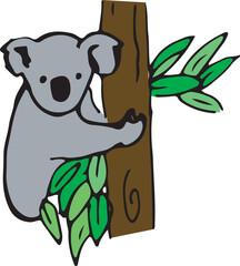 Cute Koala Drawing hugging branch of Eucalyptus Tree with leaves