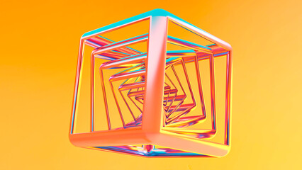 Fototapeta na wymiar Cube with dynamic elements on yellow background, render a rotating 3d cube in perspective with lighting and shadow. 3d visualization of a cube in perspective.