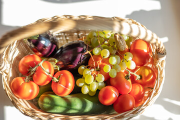 home grown organic fresh fruit and vegetables in a basket straight from the garden