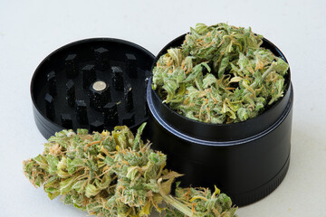 Close up of Cannabis female flower in a herb grinder over white table. Marijuana plant.