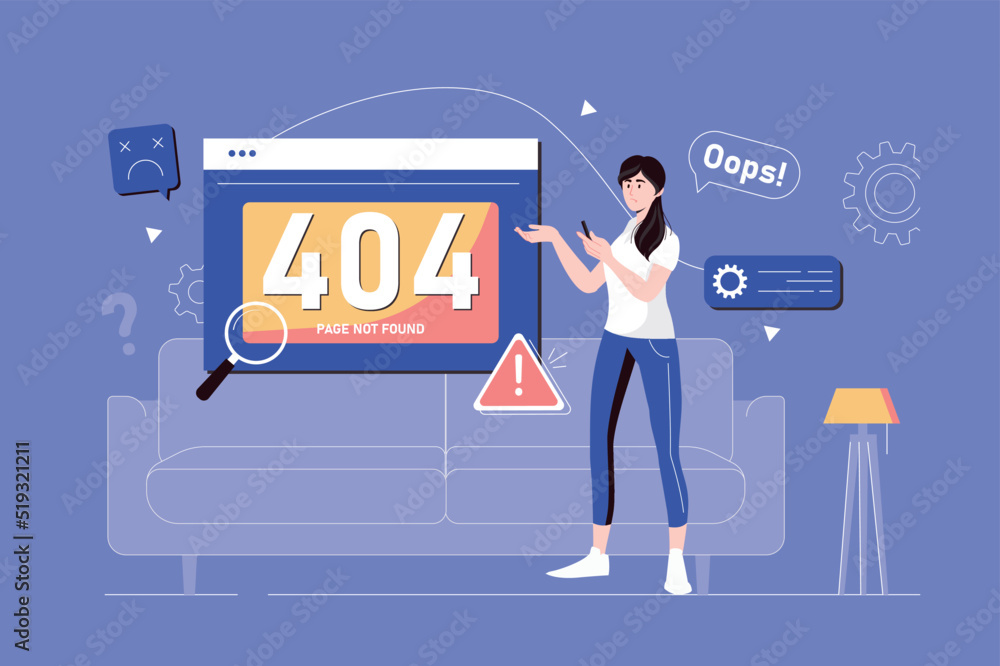 Aufkleber 404 error page not found web concept with people scene in flat blue design. woman using computer and