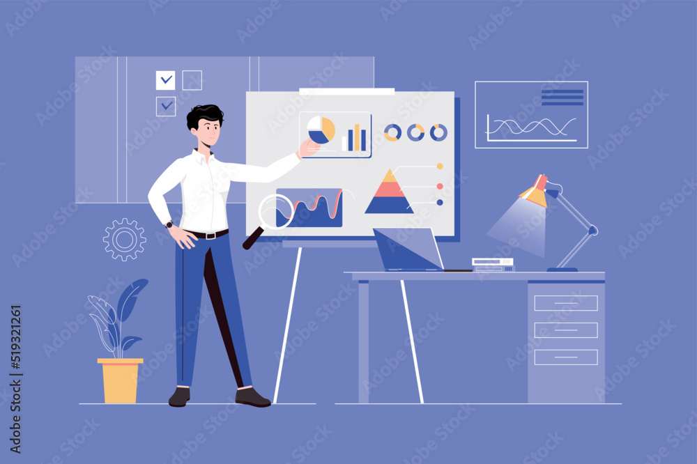 Aufkleber Data analysis web concept with people scene in flat blue design. Man analyzes charts and graphs, making financial report for presentation, does accounting and company auditing. Vector illustration