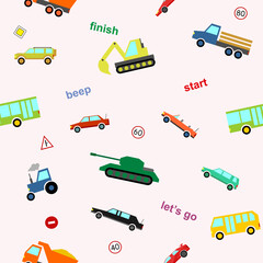 Cute kids car seamless pattern colorful cartoon style for scrapbooking, printing on fabric, decoration, banner, greeting card, sale, gift wrap, promotion, party poster. Vector Illustration 10 eps