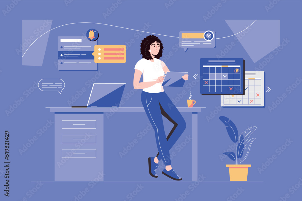 Aufkleber planning work web concept with people scene in flat blue design. woman planning workflow and daily r