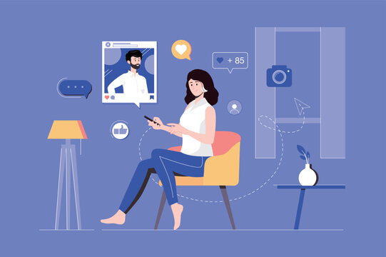 Social media web concept with people scene in flat blue design. Woman use smartphone and surfing news feeds and likes photo in blogger profile, subscribe influencer at mobile app. Vector illustration