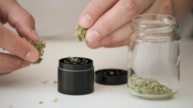 Two hands using a marihuana grinder to shred the buds. Herb grinder.