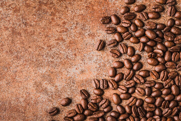 Roasted coffee beans copy space background.