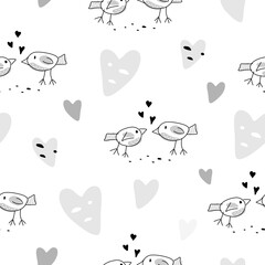 Pair of love birds. Two cute birds on a white background with graphic elements and hearts. Seamless vector pattern.