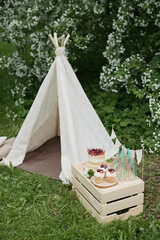 Summer birthday, decoration in the garden. Wigwam and cake. © Lys Owl