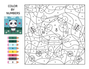 Color by numbers. Educational game for preschool kids. Cute cartoon panda with flowers and butterflies. Learn numbers. Puzzle for children. Vector illustration for coloring book.