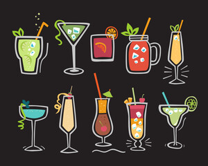 Cute drinks collection. Vector set. Hand drawn beverage