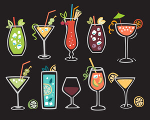 Cute drinks collection. Vector set. Hand drawn beverage Mojito, Martini, Sangria,Gin Tonic