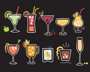 Hand drawn Cocktails. Vector drinks set. Cute beverages