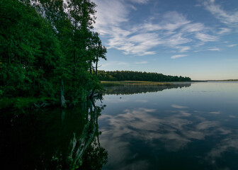 cloud reflections in clear and calm lake water, tree silhouettes in the foreground, summer morning