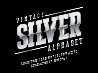 Silver chrome style alphabet design with uppercase, number and symbols