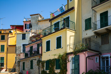 Travel to Cinque Terre (Five Lands in English). Aerial view over Corniglia architecture landmark village at the coast of Liguria Sea from Italy. 