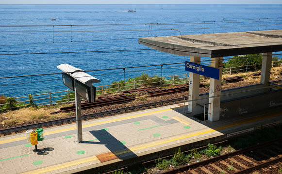 Corniglia train rail station from Cinque Terre (English Five Lands) touristic region in Italy at the coast of Mediterranean Sea.
