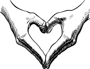 Close-up of a hand making a heart with the fingers pointing down. Black and white vector illustration. Hand language